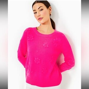 NWT Lilly Pulitzer Elizabelle Sweater, pink with embroidered flowers, large